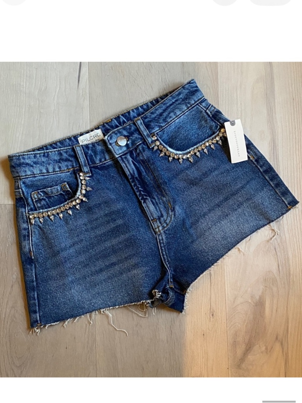 NWT! Pilcro Blue Lover Embellished Rhinestone Cut Off Denim Shorts - Size 26